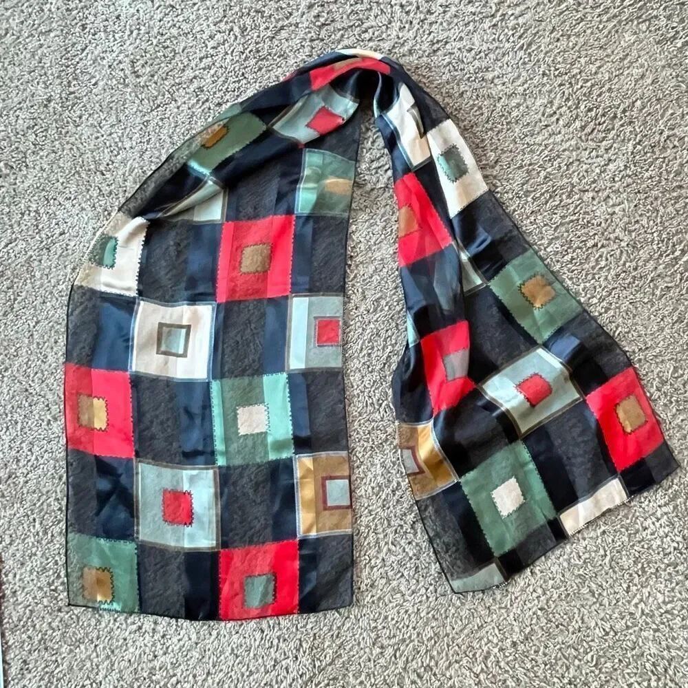 Sheer Patchwork Stripe Scarf Geometric Print Satin Feel 13x60